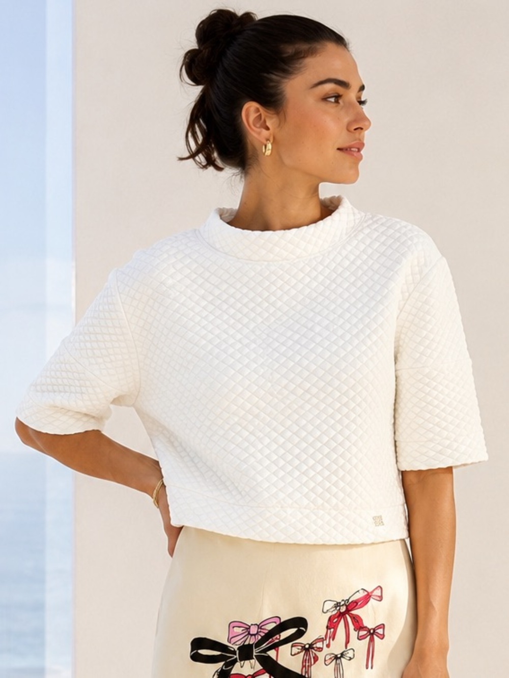 Paul & Shark Quilted Cropped Half Sleeve Boat high neck Sweatshirt Ivory Size 4